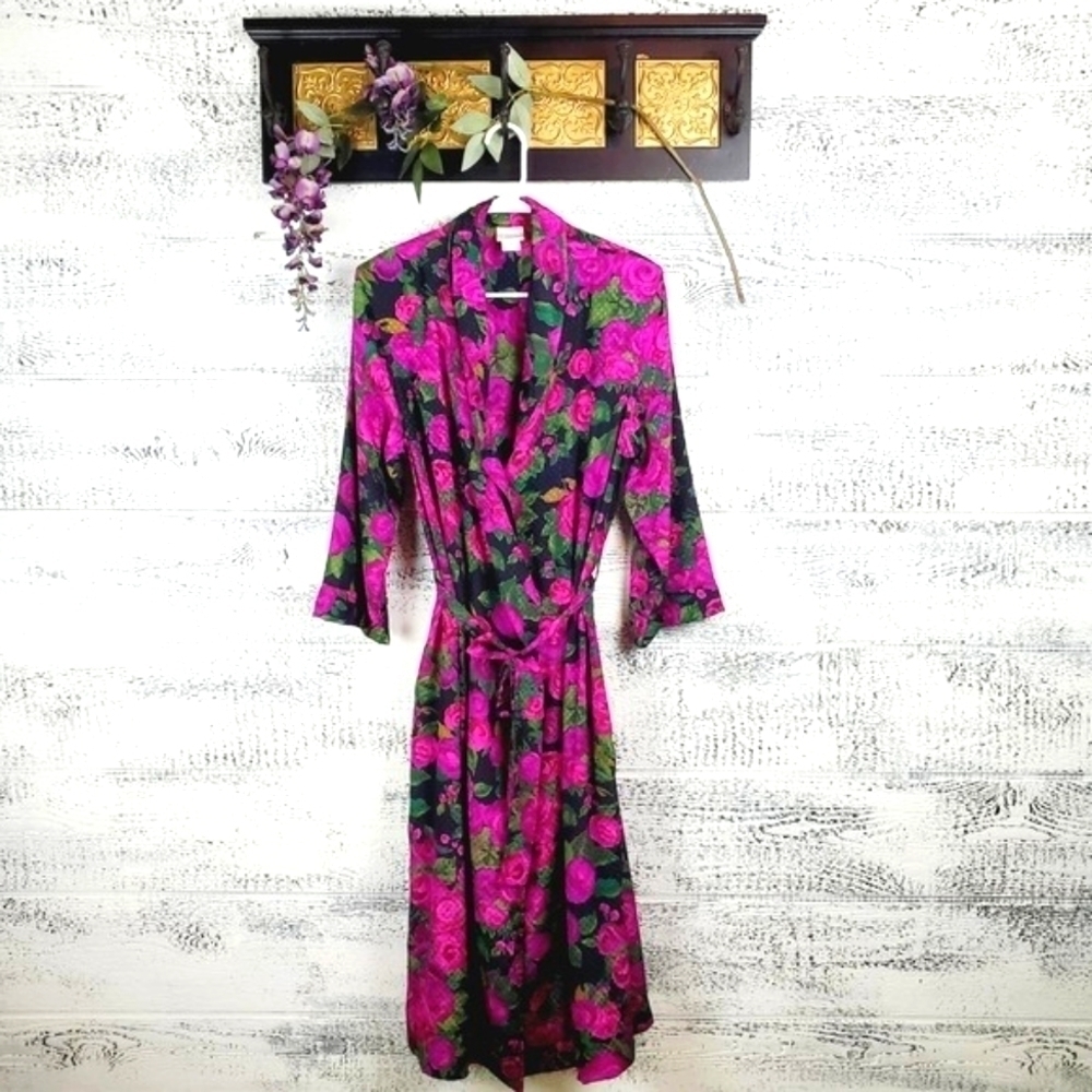 Vintage Courtenay Floral Satin Robe Sz M Lounge Kimono Belted Cottagecore Glam